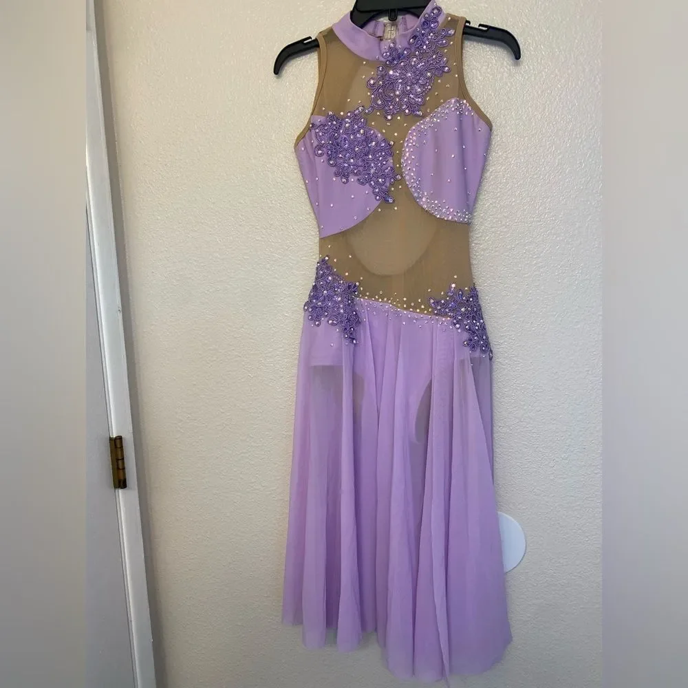 Custom solo dance costume lavender purple illusion leotard maxi dress stoned MA